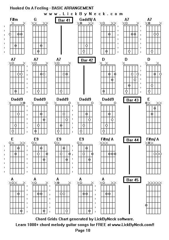 Chord Grids Chart of chord melody fingerstyle guitar song-Hooked On A Feeling - BASIC ARRANGEMENT,generated by LickByNeck software.